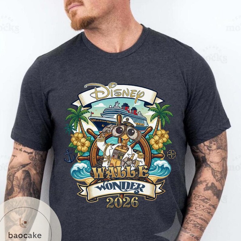 May include: Dark gray t-shirt featuring a colorful graphic of the Disney character WALL-E at the helm of a ship. The design includes the text "Disney WALL-E Wonder 2026" with tropical elements like palm trees and flowers.