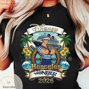 May include: Black t-shirt featuring a Disney Hercules Wonder design. The graphic includes a cruise ship, palm trees, and a sailor character. The text "Disney", "Hercules Wonder", and "2026" are displayed.