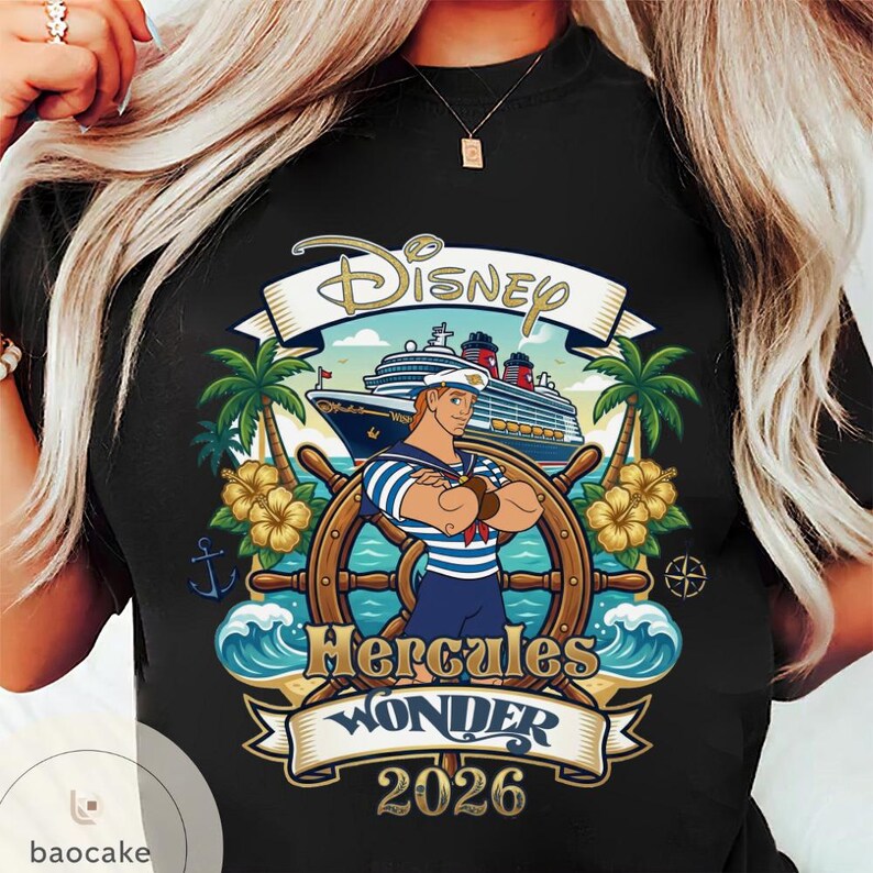May include: Black t-shirt featuring a Disney Hercules Wonder design. The graphic includes a cruise ship, palm trees, and a sailor character. The text "Disney", "Hercules Wonder", and "2026" are displayed.
