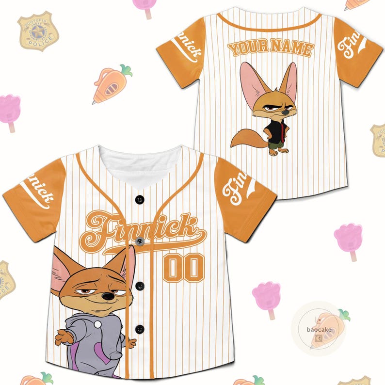 May include: White and orange baseball jersey with the name "Finnick" and the number "00" on the front. The jersey features a cartoon fox character. The back of the jersey has the text "YOUR NAME" and another cartoon fox character.