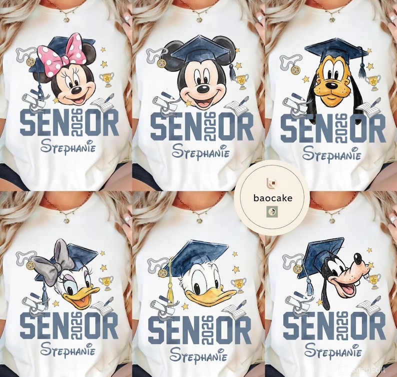 May include: White t-shirts featuring Disney characters in graduation caps. Each shirt has the word "SENIOR 2026" and a name printed below. Minnie Mouse, Mickey Mouse, Goofy, Daisy Duck, and Donald Duck are shown.