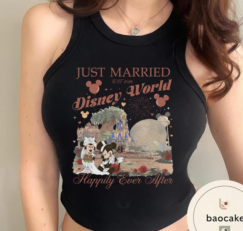 May include: Black tank top with a Disney World graphic. The design includes the text "Just Married Disney World Est 2026" and a graphic of Mickey and Minnie Mouse in wedding attire. The phrase "Happily Ever After" is also featured.