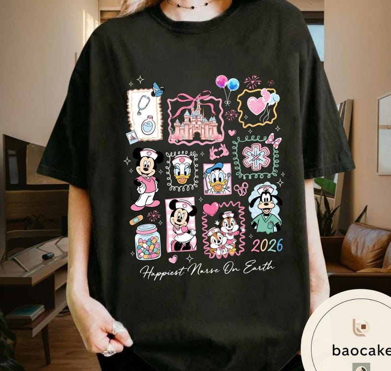 May include: Black t-shirt featuring a colorful collage of Disney characters in nurse attire, including Mickey and Minnie Mouse, Donald Duck, and Goofy. The design includes a castle, hearts, and the text "Happiest Nurse On Earth" and "2026".