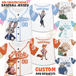 May include: Baseball jerseys with cartoon character designs. The jerseys feature characters like Judy Hopps, Nick Wilde, and others, with customizable name options. The jerseys are white with colored sleeves and accents, and include the text "CUSTOM ANY REQUESTS".