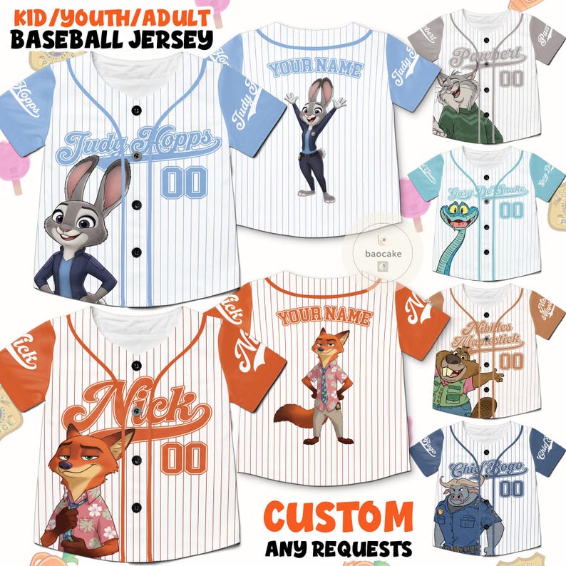 May include: Baseball jerseys with cartoon character designs. The jerseys feature characters like Judy Hopps, Nick Wilde, and others, with customizable name options. The jerseys are white with colored sleeves and accents, and include the text "CUSTOM ANY REQUESTS".