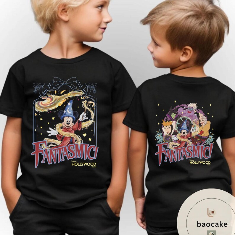 May include: Black t-shirts featuring a colorful Fantasmic! design with Mickey Mouse as a sorcerer. The front of the shirt has Mickey with a magic wand. The back of the shirt has a group of Disney characters.