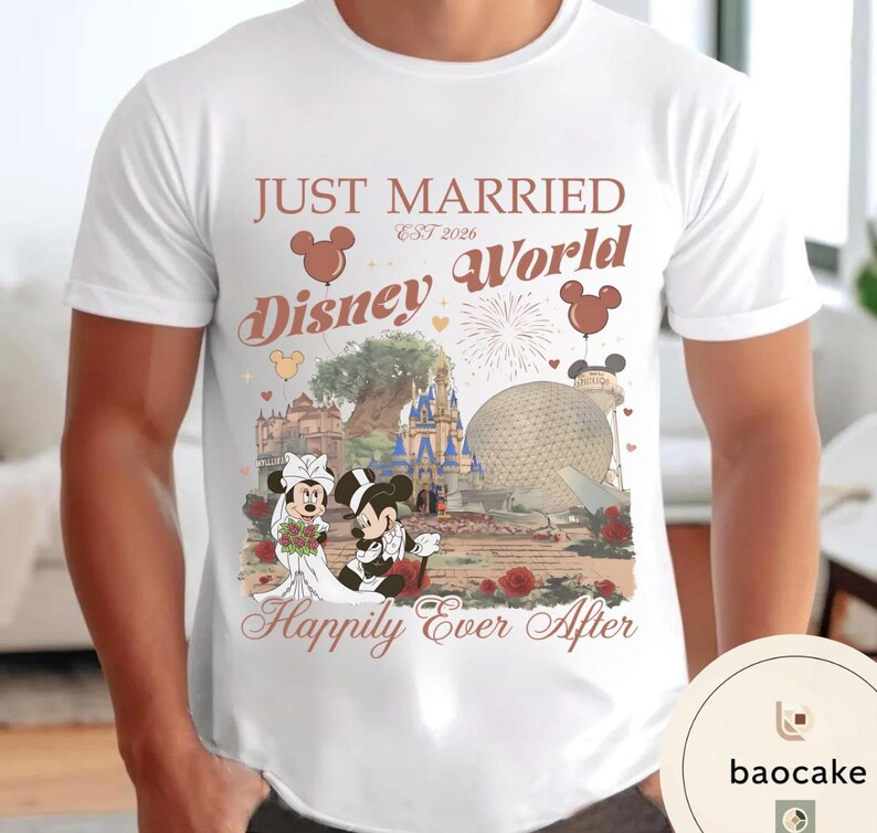 May include: White t-shirt with a Disney World wedding design. The shirt features the text "Just Married Disney World Happily Ever After" with Mickey and Minnie Mouse in wedding attire, and the date "EST 2026".