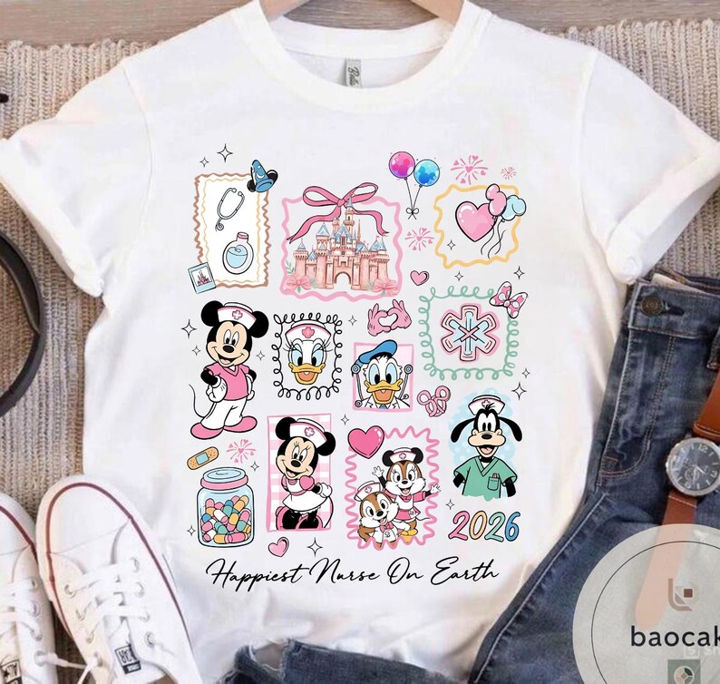 May include: White t-shirt featuring a colorful design with Disney characters in nurse attire. The design includes Mickey and Minnie Mouse, Donald and Daisy Duck, and Goofy. The text "Happiest Nurse On Earth" is printed at the bottom, with the year "2026".