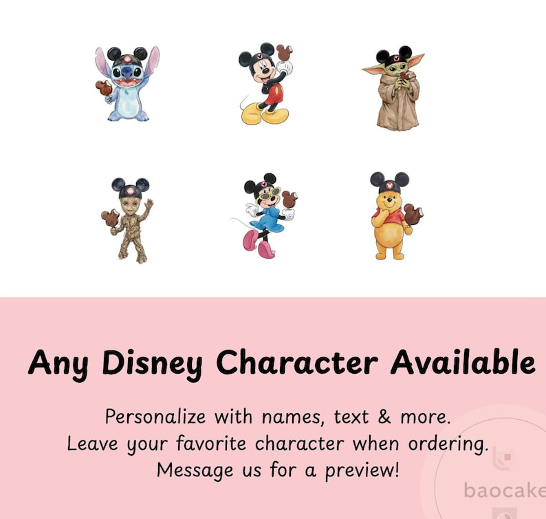 May include: Six cartoon characters including Stitch, Mickey Mouse, Grogu, Groot, Minnie Mouse, and Winnie the Pooh, each wearing black Mickey ears. Text reads: Any Disney Character Available. Personalize with names, text & more.