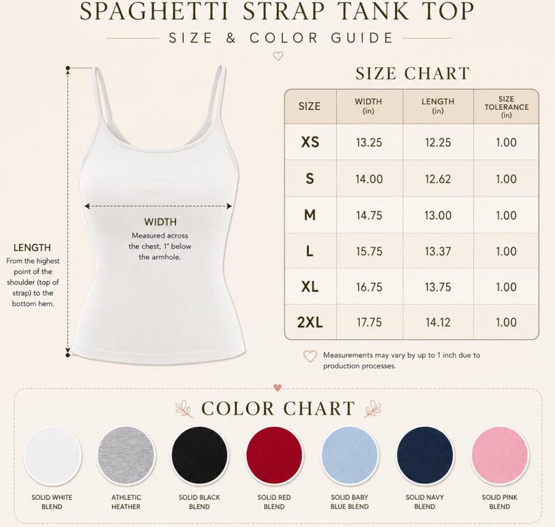 May include: A white spaghetti strap tank top size and color guide featuring a size chart with measurements in inches for sizes XS to 2XL. The color chart displays seven circular swatches: solid white, athletic heather, solid black, red, baby blue, navy, and pink.