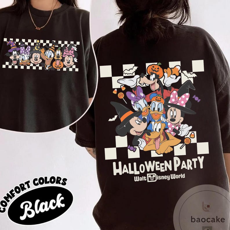 May include: Black Comfort Colors t-shirt featuring a Halloween-themed graphic of Disney characters. The front and back of the shirt display a colorful design with Mickey Mouse, Minnie Mouse, Donald Duck, and Goofy in Halloween costumes. The text "HALLOWEEN PARTY" is also visible.