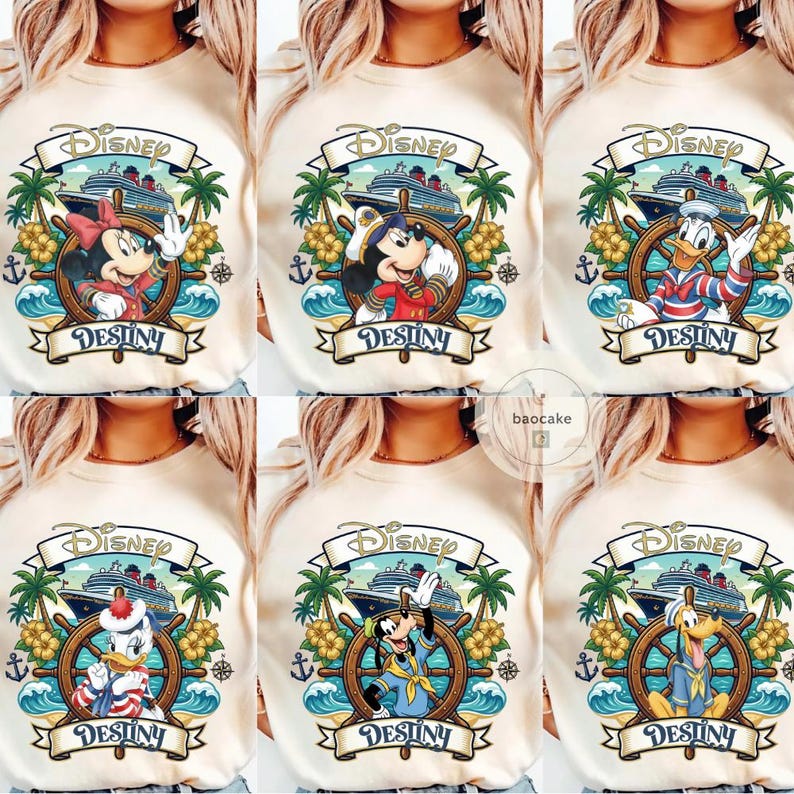 May include: Cream-colored sweatshirts featuring Disney characters: Minnie Mouse, Mickey Mouse, Donald Duck, Daisy Duck, Goofy, and Pluto. Each design includes a cruise ship, palm trees, and the word "Destiny" on a banner. The Disney logo is at the top.