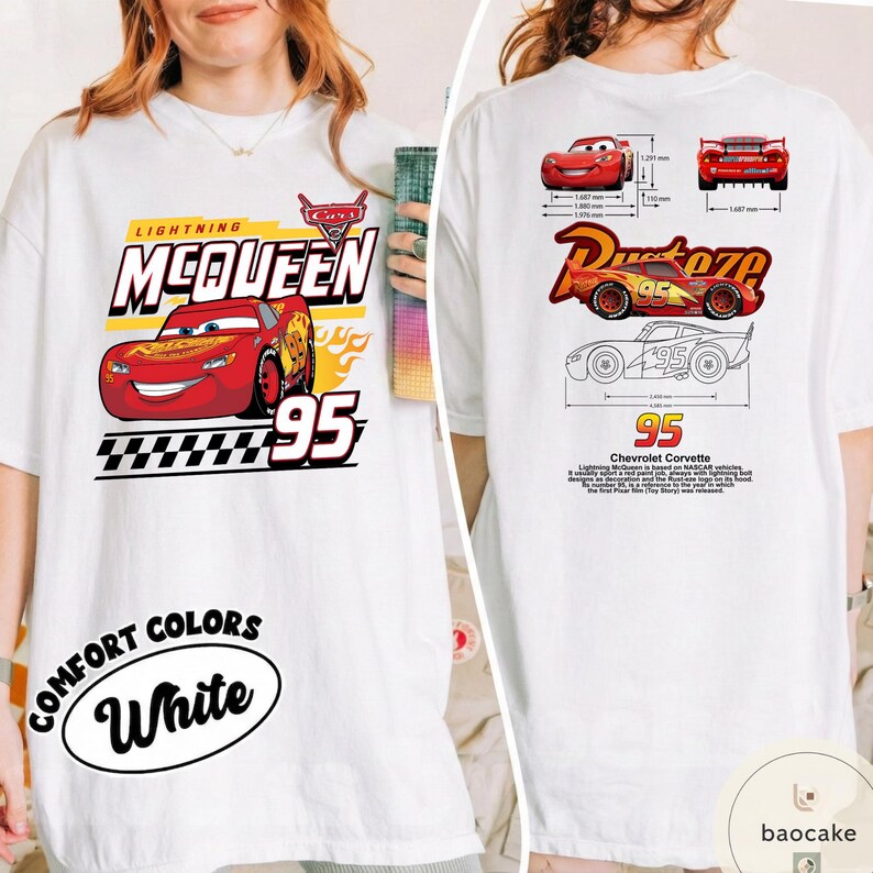 May include: A white t-shirt featuring Lightning McQueen from the movie Cars. The front displays the character, the text Lightning McQueen, and the number 95. The back shows technical diagrams of the car, the Rust-eze logo, and descriptive text.