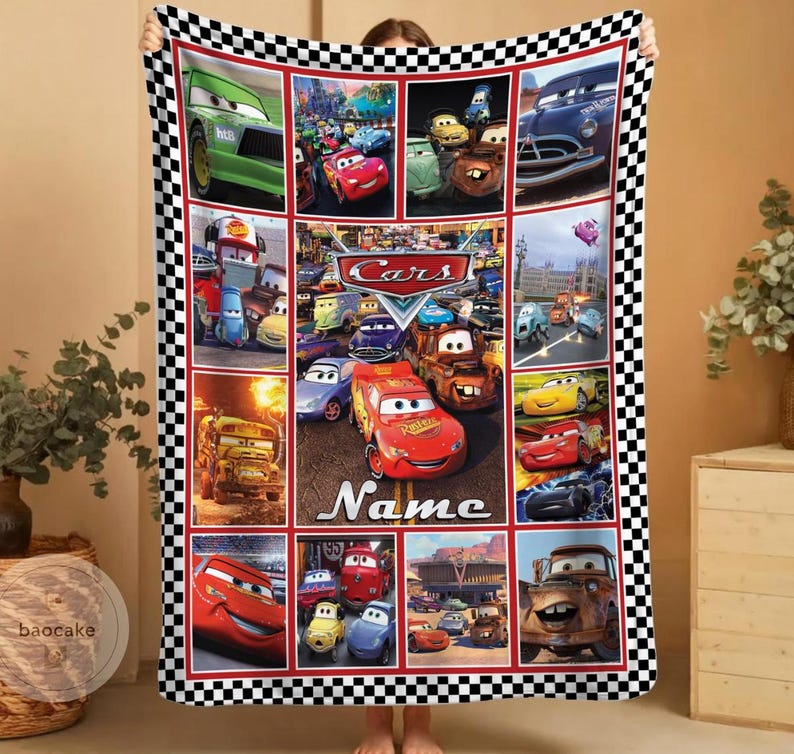 May include: A rectangular fleece blanket featuring a collage of various characters from the movie Cars, including Lightning McQueen and Mater. The design is bordered by a black and white checkered pattern and includes the text Cars and Name.