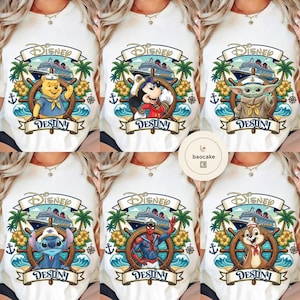 May include: White t-shirts featuring Disney characters: Winnie the Pooh, Mickey Mouse, Grogu, Stitch, Spider-Man, and Chip & Dale. Each design includes a cruise ship, palm trees, and the word "Destiny" on a banner. The Disney logo is at the top.