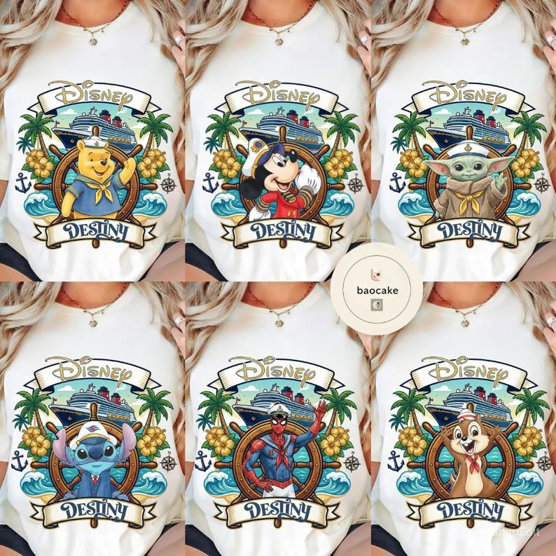 May include: White t-shirts featuring Disney characters: Winnie the Pooh, Mickey Mouse, Grogu, Stitch, Spider-Man, and Chip & Dale. Each design includes a cruise ship, palm trees, and the word "Destiny" on a banner. The Disney logo is at the top.