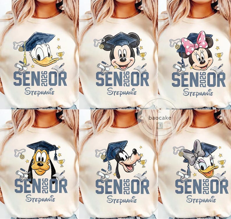 May include: Cream-colored t-shirts featuring Disney characters wearing graduation caps. Each shirt has "SENIOR 2026" and a name printed below. Donald Duck, Mickey Mouse, Minnie Mouse, Goofy, and Daisy Duck are shown.