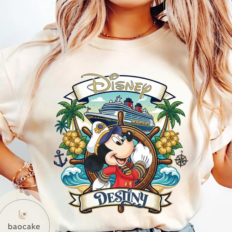 May include: Cream-colored t-shirt featuring a Disney cruise design. The graphic includes Mickey Mouse in a captain's uniform, a ship, palm trees, and the word "Destiny" on a banner. The word "Disney" is also displayed.