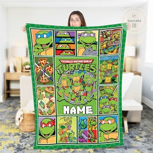 May include: A green Teenage Mutant Ninja Turtles blanket featuring various images of the characters, pizza, and the words "Cowabunga" and "Name". The blanket has a green border with a honeycomb pattern.