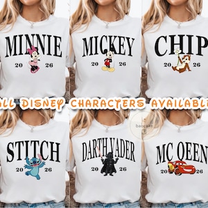 May include: White t-shirts featuring various Disney characters, including Minnie Mouse, Mickey Mouse, Chip, Stitch, Darth Vader, and Lightning McQueen. Each shirt has the character's name in bold letters, with the numbers "20" and "26" below. The text "ALL DISNEY CHARACTERS AVAILABLE" is also present.
