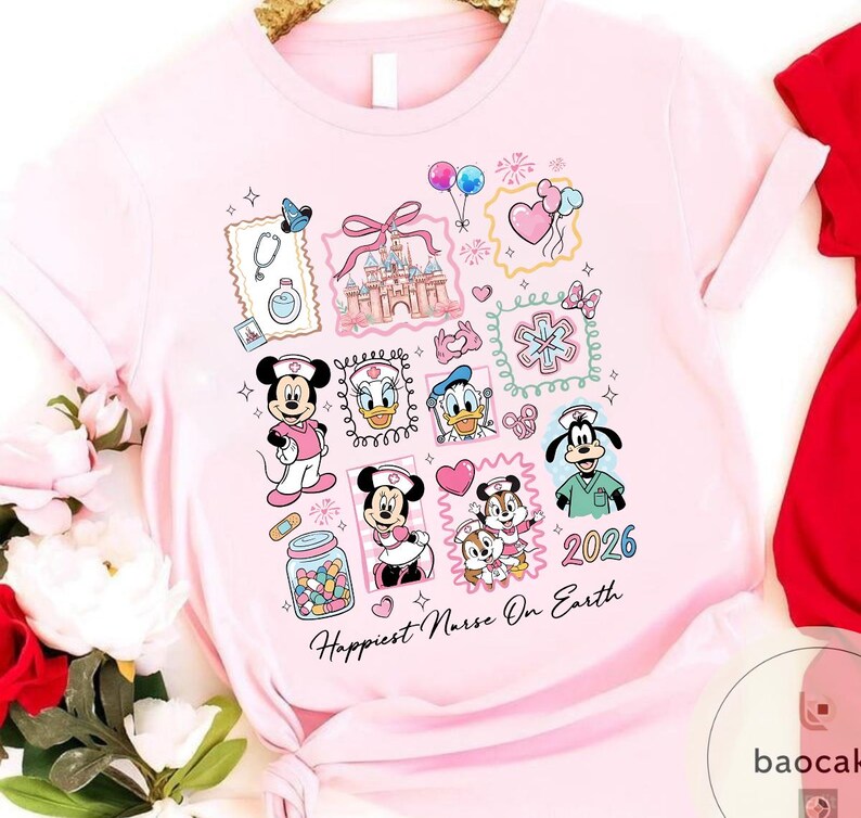 May include: A light pink t-shirt featuring a collage of Disney characters in nurse attire. The design includes Mickey Mouse, Minnie Mouse, Donald Duck, Daisy Duck, and Goofy, along with the text "Happiest Nurse On Earth" and the year "2026".