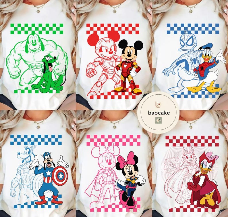 May include: White t-shirts featuring cartoon characters. Designs include Hulk and Pluto in green, Mickey Mouse and Iron Man in red, Spider-Man and Donald Duck in blue, Goofy and Captain America in blue, Minnie Mouse in pink, and Daisy Duck in red.