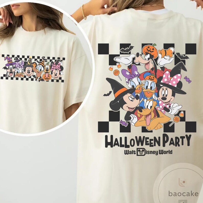 May include: Cream-colored t-shirt featuring a Halloween-themed graphic. The front displays a group of Disney characters in costumes, while the back showcases a larger design with the words "Halloween Party" and "Walt Disney World".