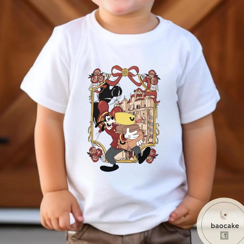 May include: White t-shirt featuring a cartoon character in a red and black outfit, carrying a package. The design includes a gold frame with roses and a building in the background. The shirt is worn by a child.