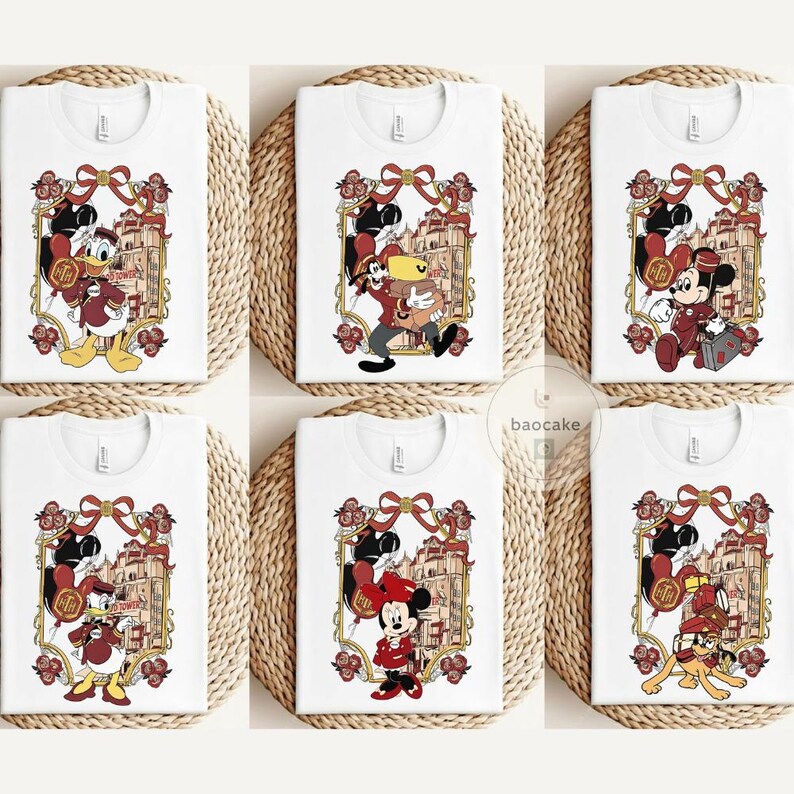 May include: White t-shirts featuring various Disney characters in a framed design. Each shirt showcases a different character, including Donald Duck, Mickey Mouse, and Pluto, in a decorative frame with a bow and floral accents.