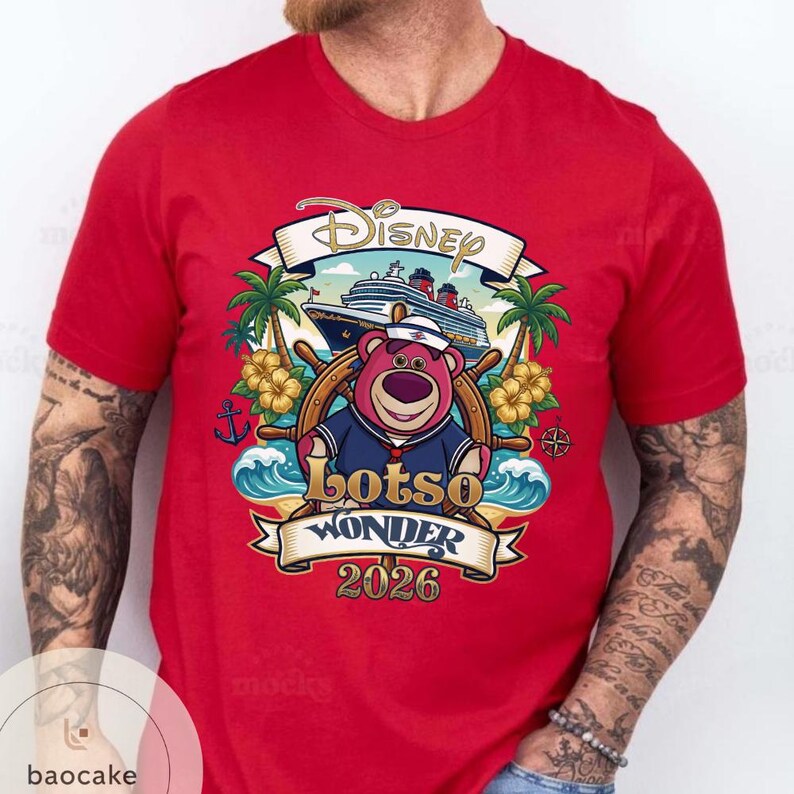 May include: Red t-shirt featuring a Disney-themed graphic. The design includes a cartoon bear in a sailor outfit, a cruise ship, and the text "Lots Wonder 2026". Palm trees and waves are also included in the design.