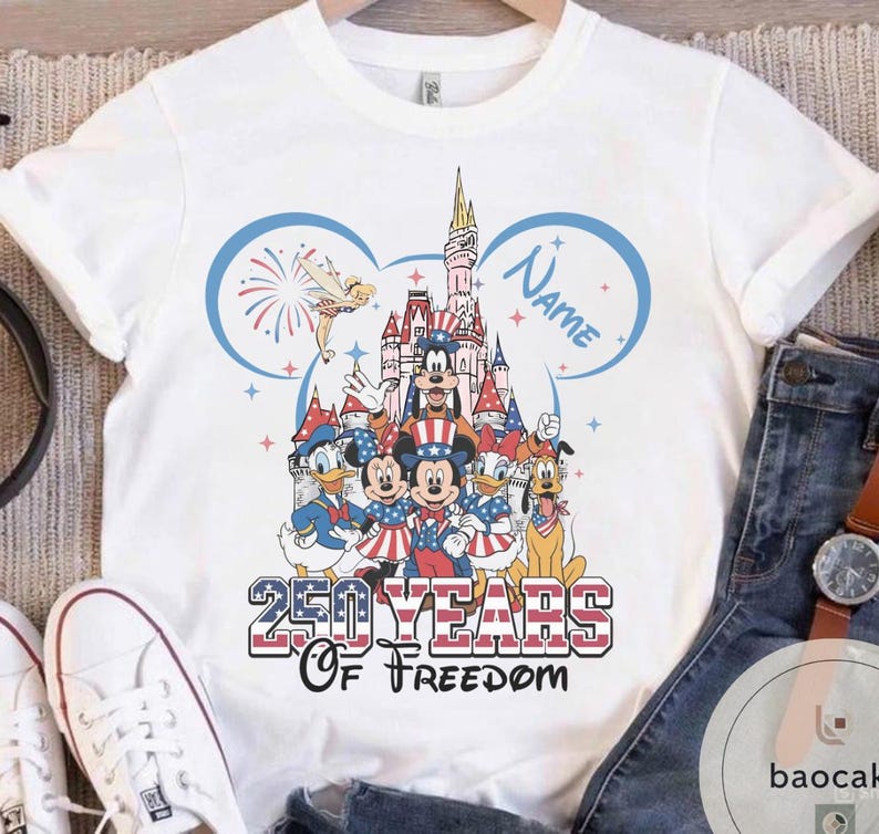 Peut inclure: T-shirt blanc avec un graphisme color&eacute; de personnages Disney en tenues patriotiques, avec un ch&acirc;teau en arri&egrave;re-plan. Le design comprend le texte "250 YEARS OF FREEDOM" et un espace pour un nom, parfait pour une c&eacute;l&eacute;bration th&eacute;matique.