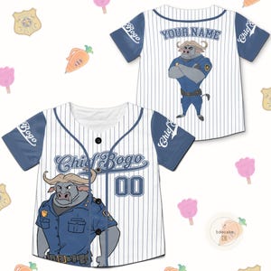 May include: White baseball jersey with blue pinstripes and sleeves. Features a cartoon buffalo character in a police uniform. The front says "Chief Bogo" and "00". The back says "Your Name".