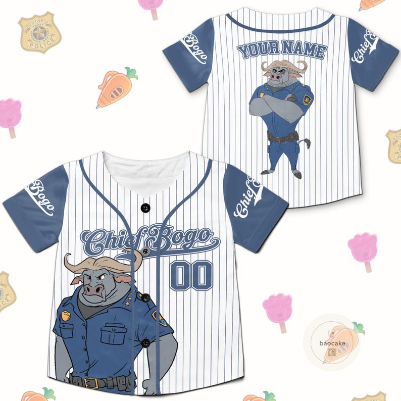 May include: White baseball jersey with blue pinstripes and sleeves. Features a cartoon buffalo character in a police uniform. The front says "Chief Bogo" and "00". The back says "Your Name".