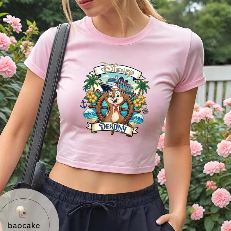 May include: Pink crop top featuring a Disney cruise ship graphic with Chip and Dale at the helm. The design includes palm trees, waves, and the word "Destiny". The shirt has short sleeves.