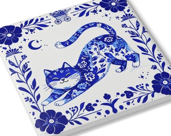 Blue Floral Cat Ceramic Coaster | Delft-Inspired Tile Pattern, Housewarming gift