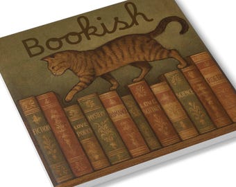 Bookish Cat Ceramic Coaster | Vintage Bookshelf Illustration, Gift for Book lover