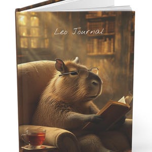 May include: Hardcover journal featuring a capybara wearing glasses and reading a book while seated in a cozy armchair. The journal cover has the text "Leo Journal" in a handwritten style. A cup of tea sits on a small table.