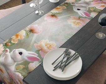 Bunnies and Roses Table Runner | Floral Basket Easter Decor, Housewarming gift