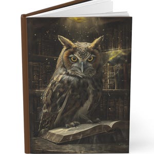 May include: Hardcover journal featuring a detailed illustration of a great horned owl perched on an open book. The owl has brown and white feathers and yellow eyes. The background shows a library with bookshelves and a soft, golden light.