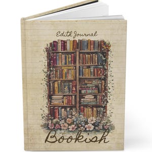 May include: A hardcover journal with a vintage design. The cover features a detailed illustration of a bookshelf filled with books, surrounded by flowers and vines. The words "Edith Journal" and "Bookish" are written on the cover.