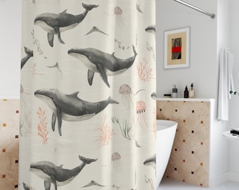 Watercolor Whales Shower Curtain | Nautical Ocean Marine Life, Housewarming gift