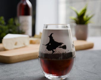 Witch Silhouette Stemless Wine Glass | Halloween Broomstick Design