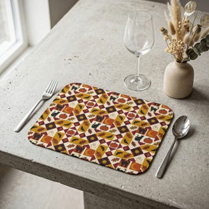 Autumn Patchwork Pattern Leather Placemat | Fall Leaves Pumpkins Cats, Halloween decor