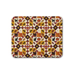 Autumn Patchwork Pattern Leather Placemat | Fall Leaves Pumpkins Cats, Halloween decor image 2