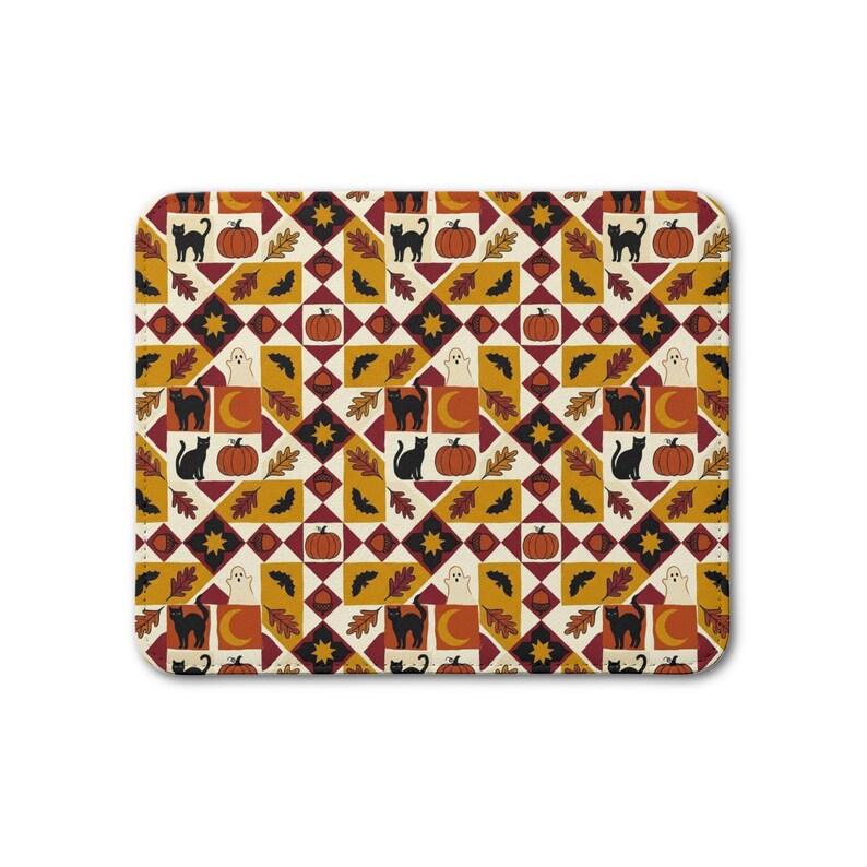 Autumn Patchwork Pattern Leather Placemat | Fall Leaves Pumpkins Cats, Halloween decor image 2