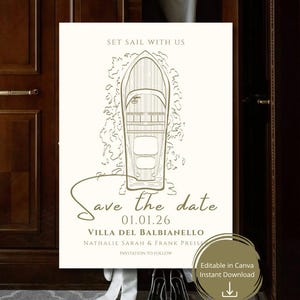Nautisk bröllops-Save the Date: Handritad illustrerad båt, förlovningsinbjudan, modern och minimalistisk design, Canva