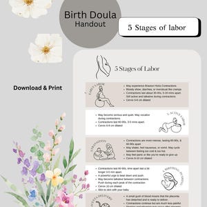 May include: A downloadable birth doula handout with the title "5 Stages of Labor." The design includes floral illustrations and text describing the stages of labor, including early labor, active labor, transition, birthing/pushing, and placenta delivery.