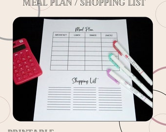 Weekly Meal Plan Chart with Shopping List Section - Vertical Printable pdf - INSTANT DOWNLOAD