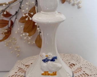 Vintage cottage core duck or goose candlestick taper candle holder ceramic with crazing blue white