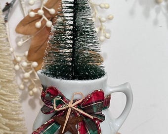 Adorable Vintage Creamer Christmas display vignette bottle brush tree & plaid
